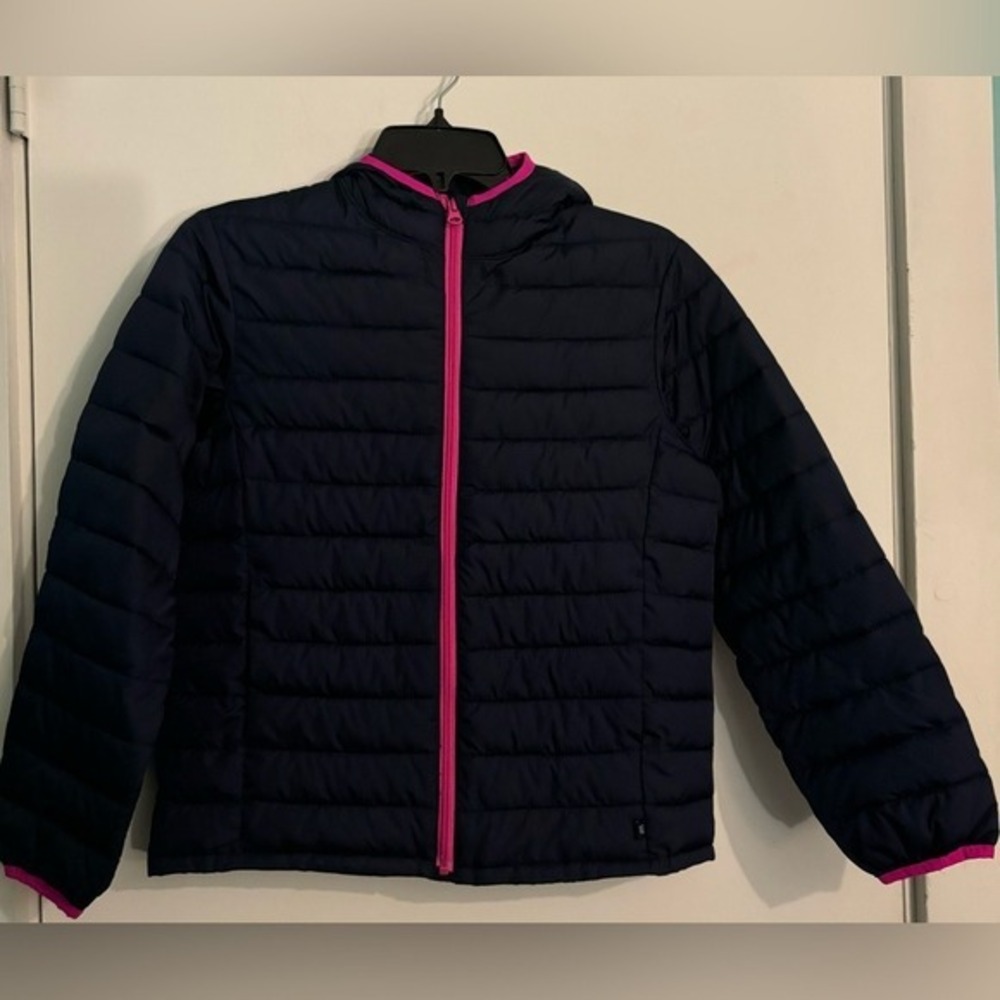 Gap Kids Girls XL Navy Lightweight Puffer Pink Zipper Trim Pockets Hooded